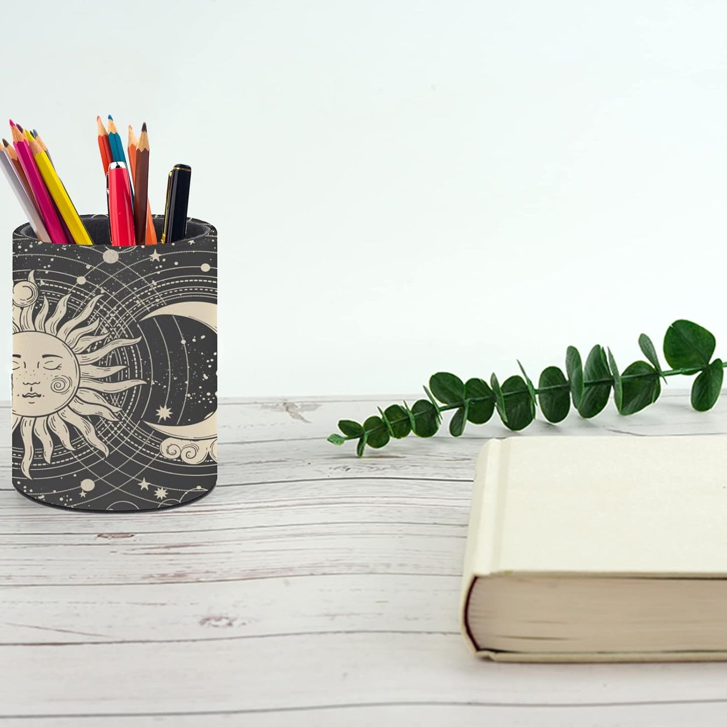 Tarot Celestial Bohemian Pen Holder Pencil Organizer Cute Pencil Cup Desk Decor Makeup Brush Holder PU Multifunctional Office Suppliesfor Home Classroom School