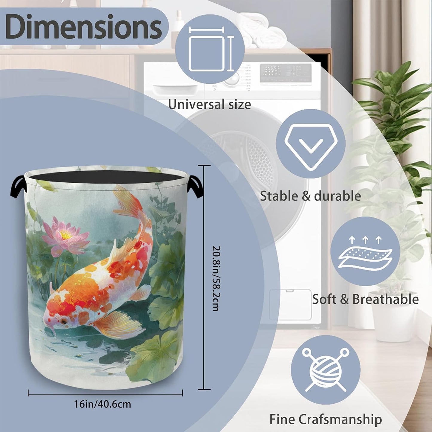 Goldfish Laundry Basket,Lotus Foldable Oxford Cloth Tote Bag Laundry Hamper Clothes Storage Bucket Organizer for Bedroom Laundry Storage Dormitories 16" x 20.8"