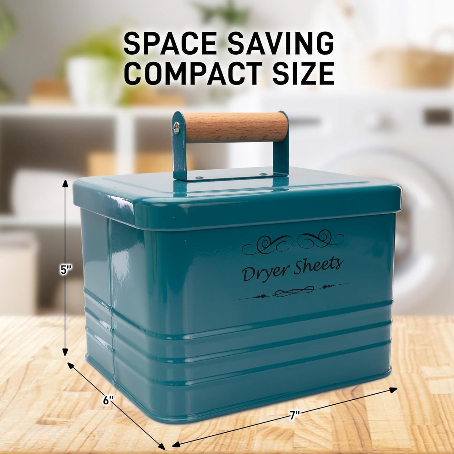 ELITAPRO Dryer Sheets Holder for Laundry Room - Farmhouse Dryer Sheet Box with Lid - Laundry Room Decor & Accessories - Metal Dryer Sheet Container for Laundry Room Organization & Storage (Teal)