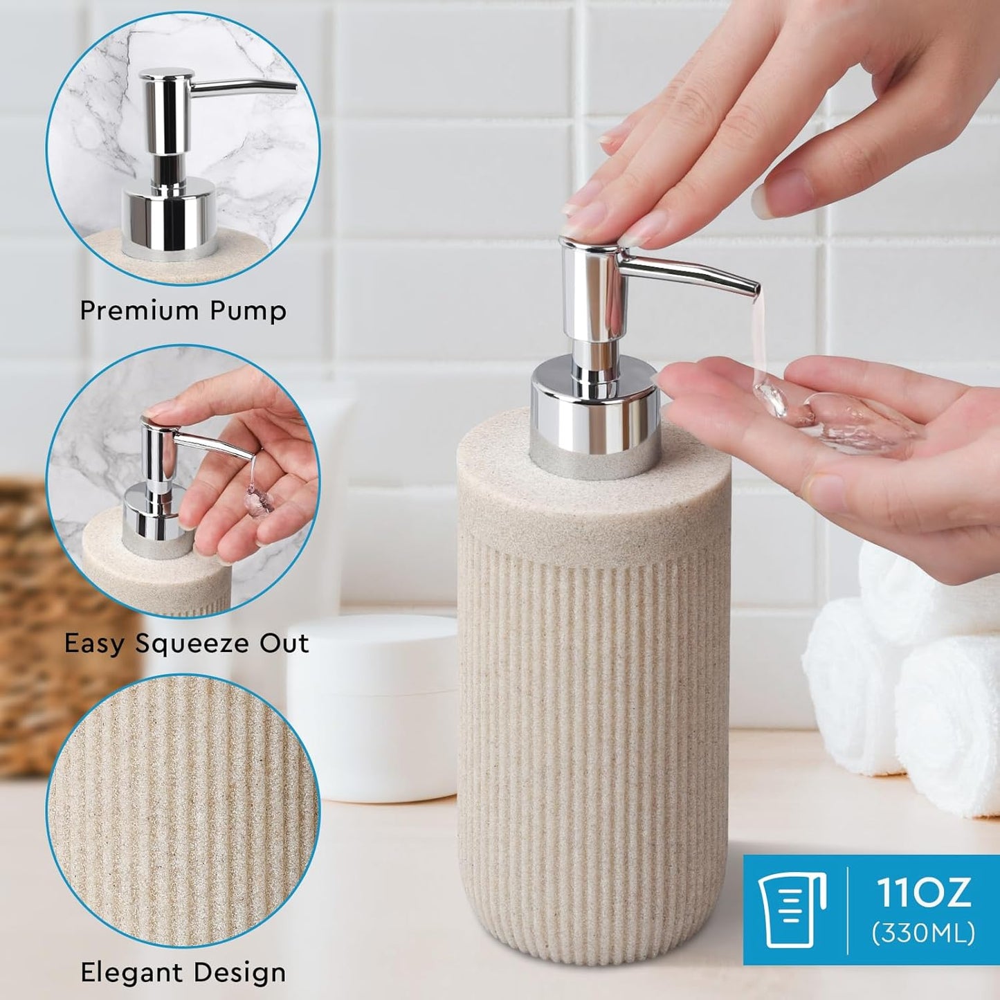 Bathroom Accessory Set 5Pcs- Lotion Soap Dispenser,Toothbrush Holder,Qtip Holder Dispenser,Vanity Tray and Soap Dish-Modern Bathroom Decor Vanity Countertop Organizer,Beige