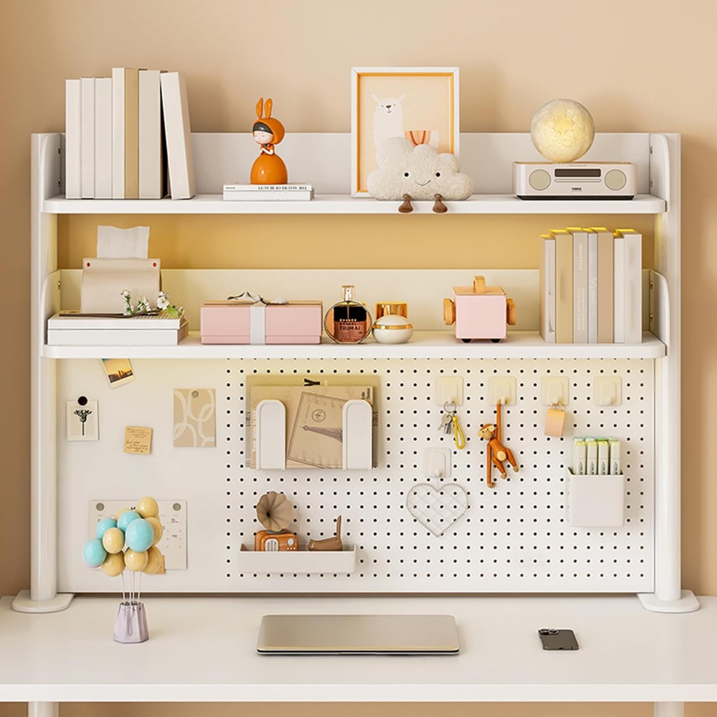 Clamp on Desk Shelf with Pegboard, Black Desktop Bookshelf Organizer Storage Shelves for Home Office Dorm Gaming Desk, Space Saving Tabletop Display Rack Organization (White, 23.6in)