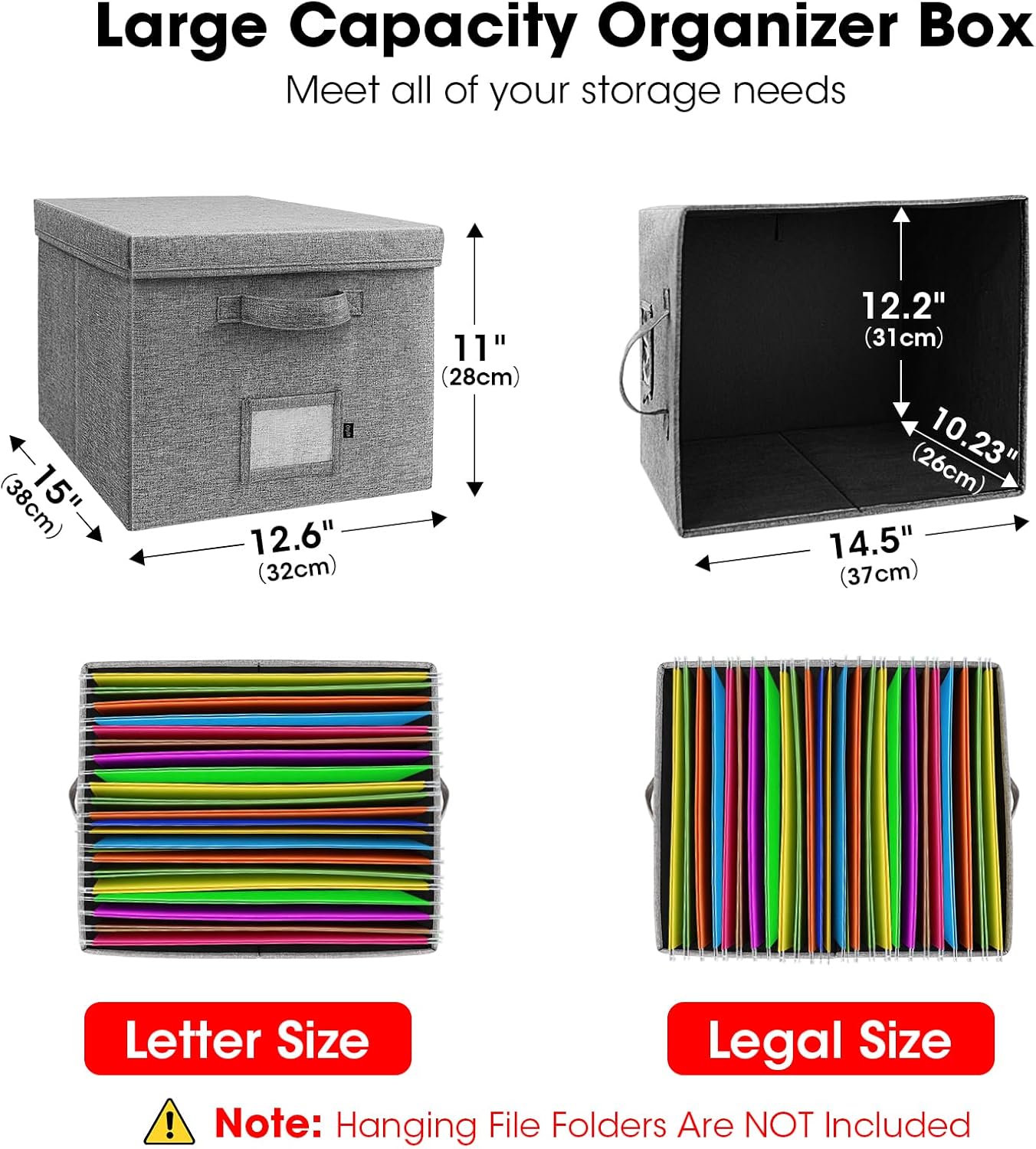 File Organizer Box with Lid, Linen Hanging File Storage Box with Handle, Collapsible Document Filling Box for Letter/Legal Folder, Portable File Box for Office/Decor/Home (1 Pack, Gery)