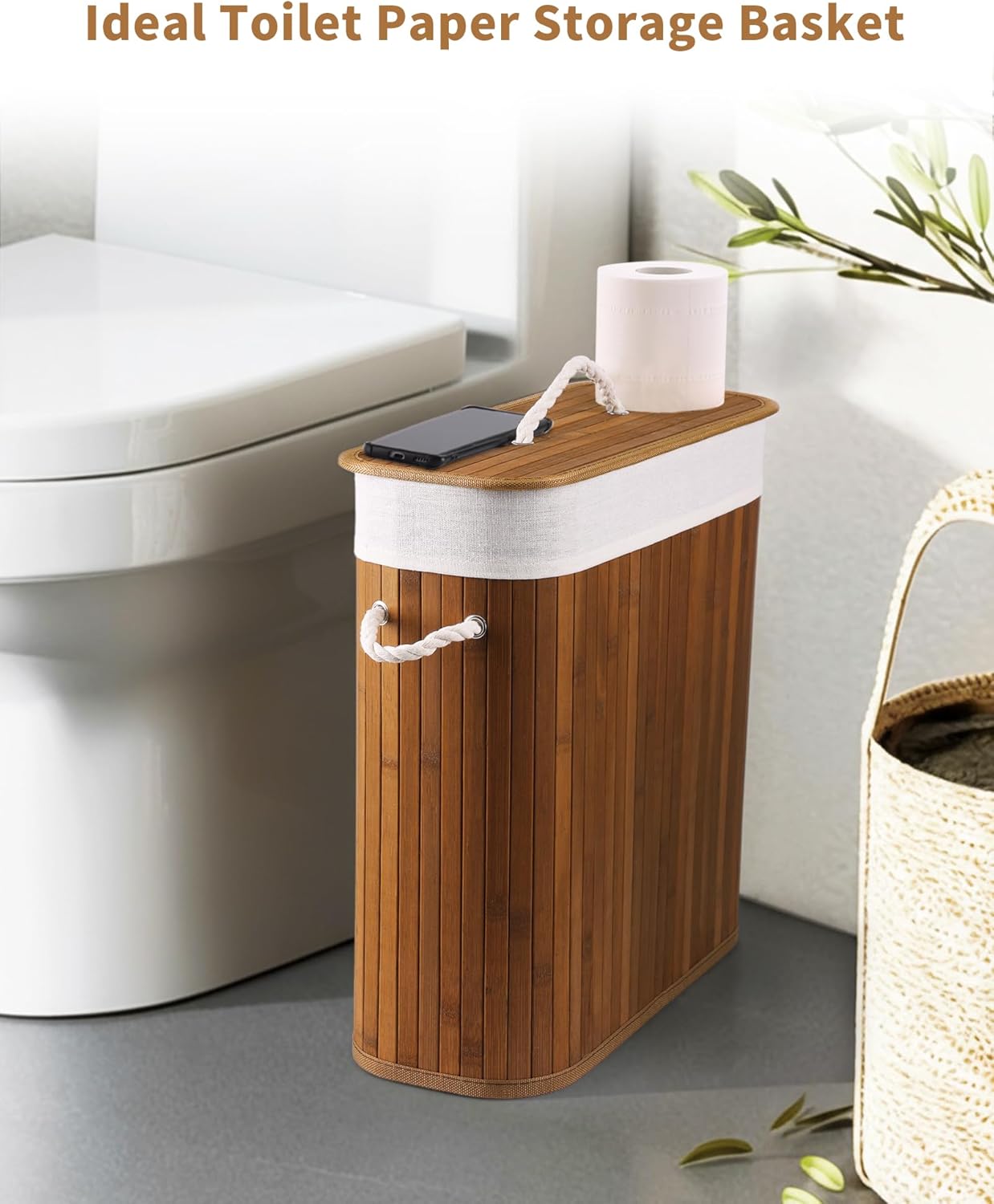 Bamboo Toilet Paper Storage with Lid & Handel, 8 Gallons (30L), Sturdy Toilet Paper Basket, Organizer for Bathroom, Kitchen, Holder with Storage, Walnut