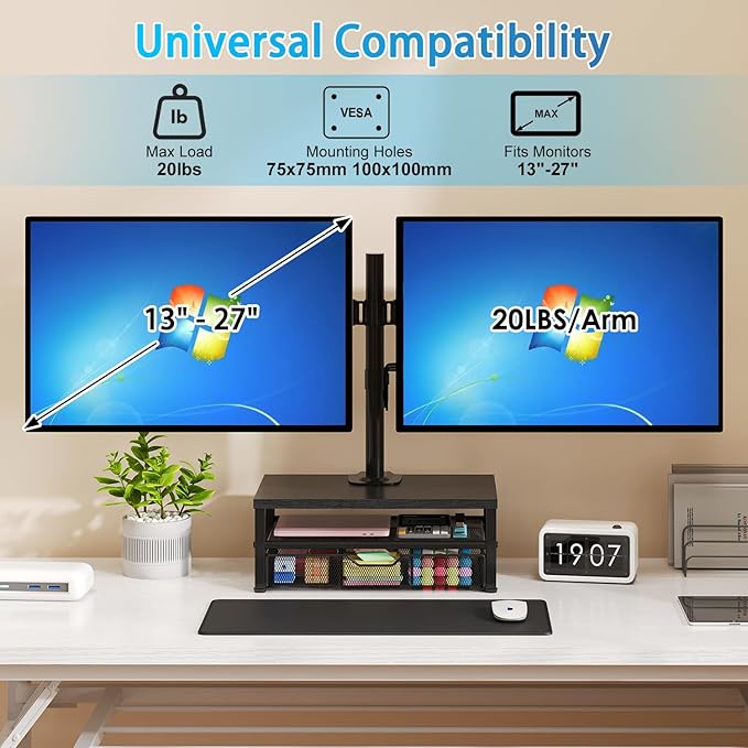 Dual Monitor Stand with Desk Organizer, Heavy Duty VESA Dual Monitor Arm Mount for 13″-27″ Computer Screens, Free-Standing Monitor Arms for Home Office/Gaming, Adjustable Height Angle, Loads 20Lbs/Arm