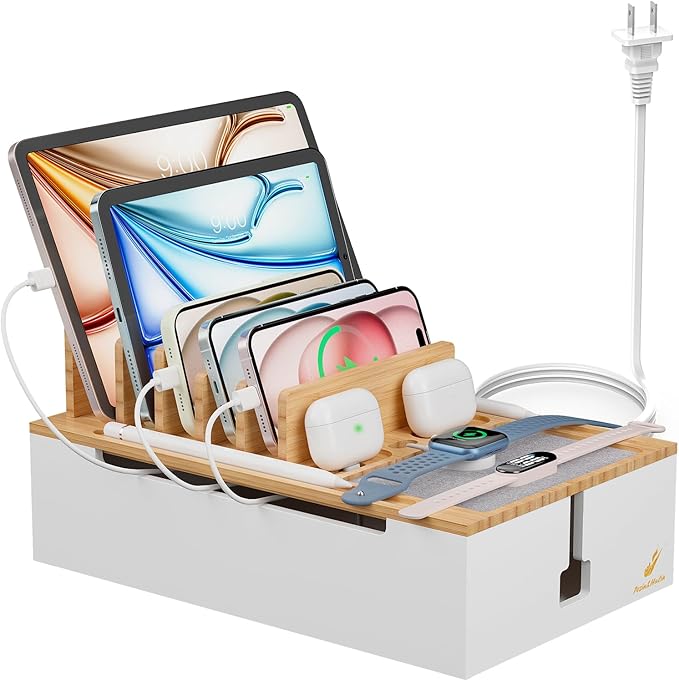 Pezin & Hulin Bamboo Charging Station for Multiple Devices, USB Charger Dock Organizer, with Power Supply (10 Ports HUB), 6 Cables, Cable Management Organizer for Cell Phones, Tablets -Natural+White