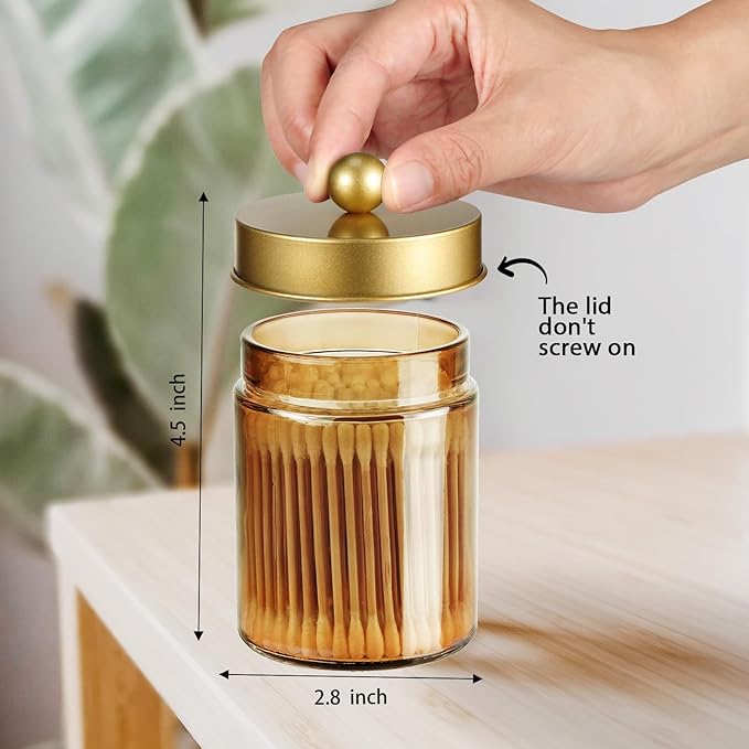 Amolliar Bronze Glass Apothecary Jar, Qtip Holder Metal Lid & Stickers, Bathroom Qtip Dispenser Storage Canister, Perfect for Cotton Balls, Cotton Swabs, Makeup Pads, Bath Salt, Floss, 4 Pack (Gold)