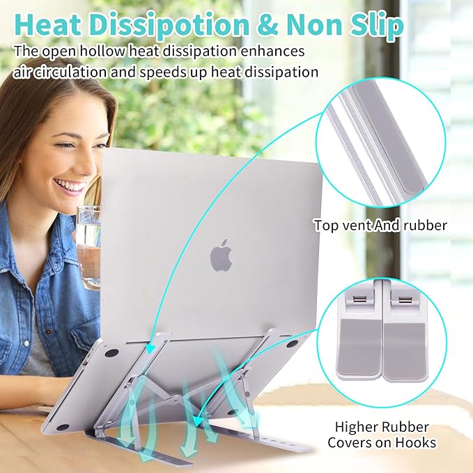 Laptop Stand for Desk, Aluminum Metal MacBook Stand，Computer Riser for Desk, Portable Foldable Adjustable Notebook Holder, Compatible with 10-15.6 Inch Laptops, iPad, Silver.
