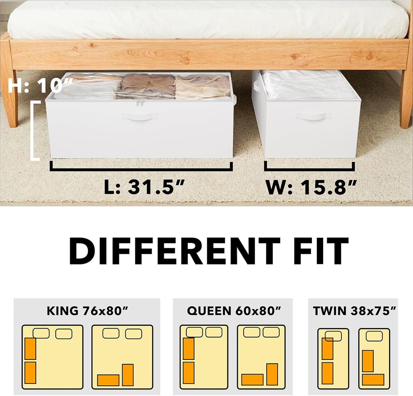 SpaceAid 2 Pack 10" High Under Bed Storage Containers, Large Underbed Storage Organizer Bins with Lids for Bedroom, Dorm, Clothes, Closet Organization, Bed Sheets and Blankets (White)