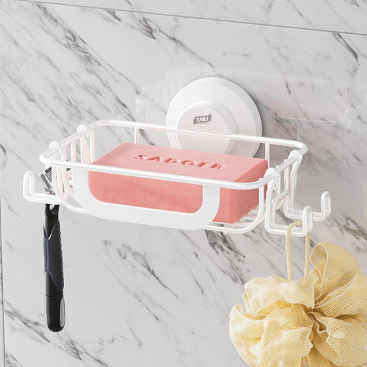 TAILI Soap Bar Holder Dish with Hooks, Shower Soap Tray Saver Suction Cup with Razor Holder for Wall, Rustproof Stainless Steel Bath Shampoo Caddy for Bathroom Accessories Organizer,Sink,White