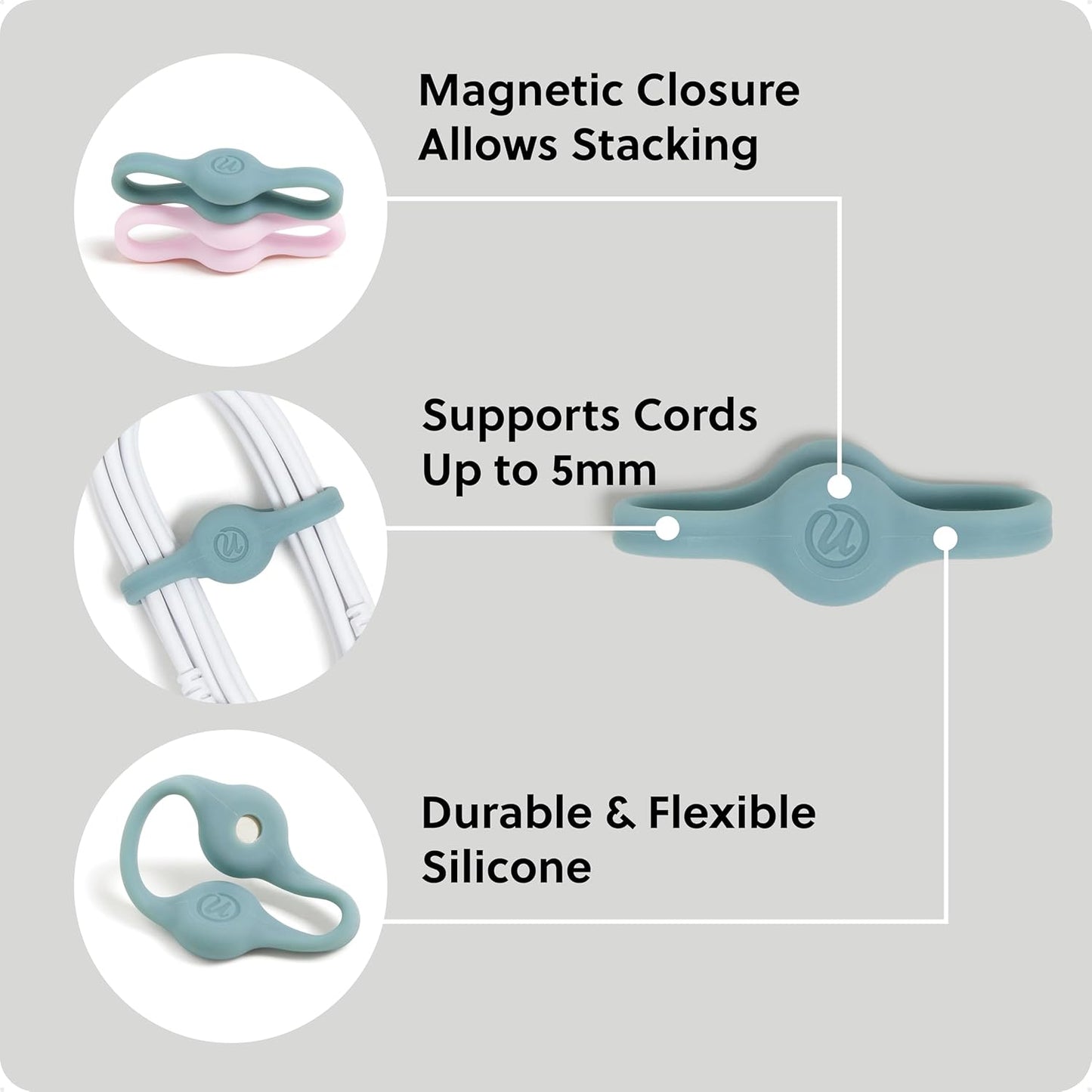U Brands Magnetic Silicone Cord Organizer Cable Clips, Set of 6 Cable Ties, Cable Management, Office Desk Accessories, Office Supplies, Assorted Colors