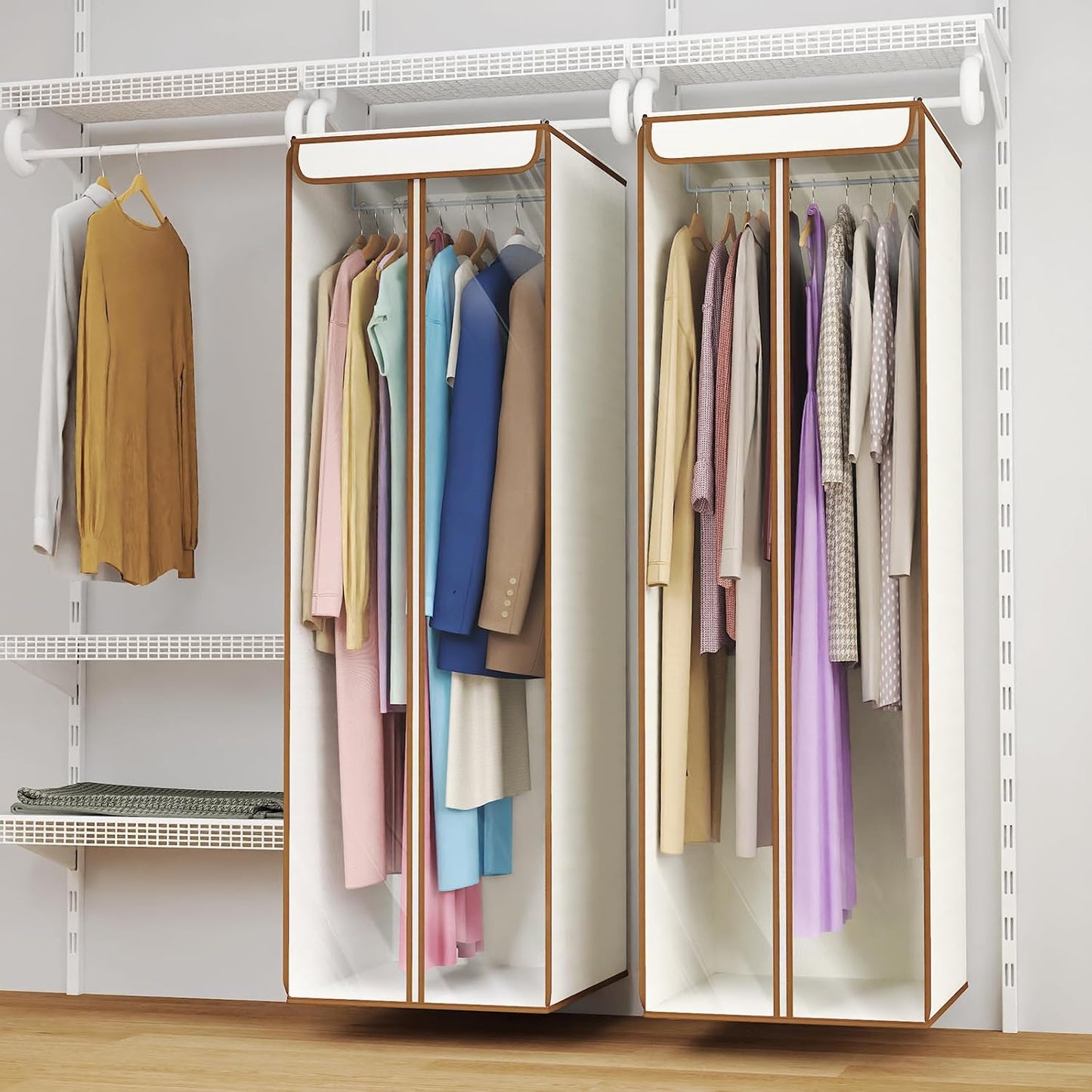 Univivi Garment Bags for Hanging Clothes, Large Clothes Storage Bags Closet Organizer with Clear Window, Premium Hanging Garment Storage Bag for Suits, Coats, Dresses, 54", 2 Pack (Beige)