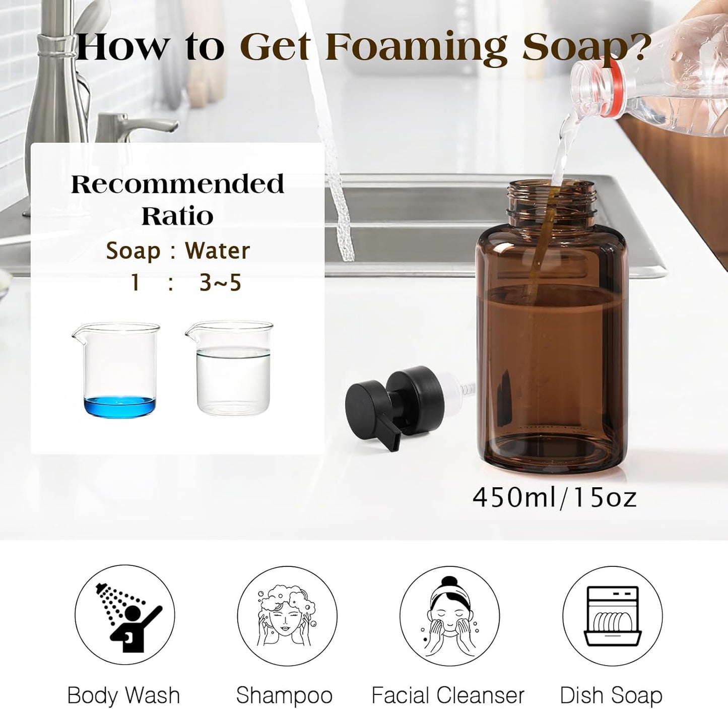 Luxspire Foaming Soap Dispenser, Non-Slip Hand Soap Dispenser with Fast Drying Tray, 15oz Glass Refillable Liquid Bottle for Bathroom & Kitchen, 2 Pack, Brown + Dark Gray