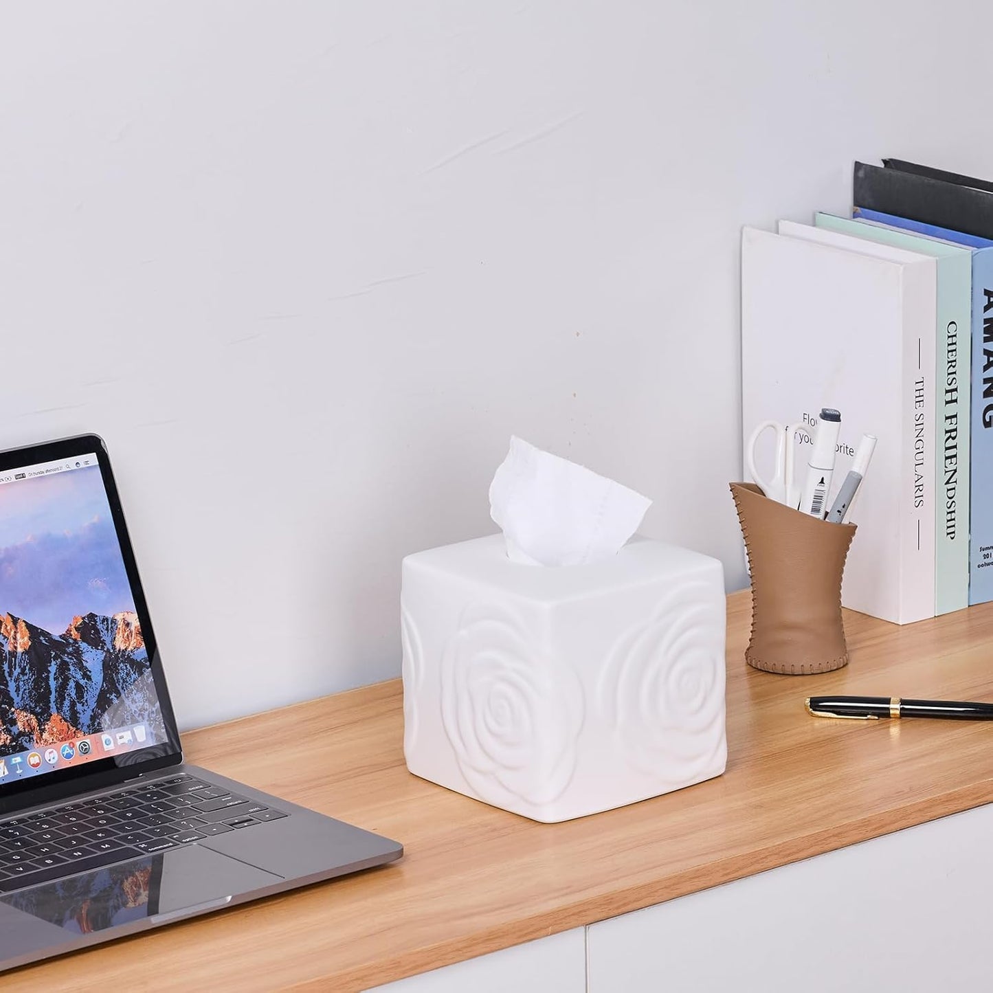 White Ceramic Rose Tissue Box Cover, Carved Flowers Large Square Tissue Box Holder Decorative for Bathroom, Vanity, Kitchen Countertop, Bedroom Night Stands, Office Desk Top