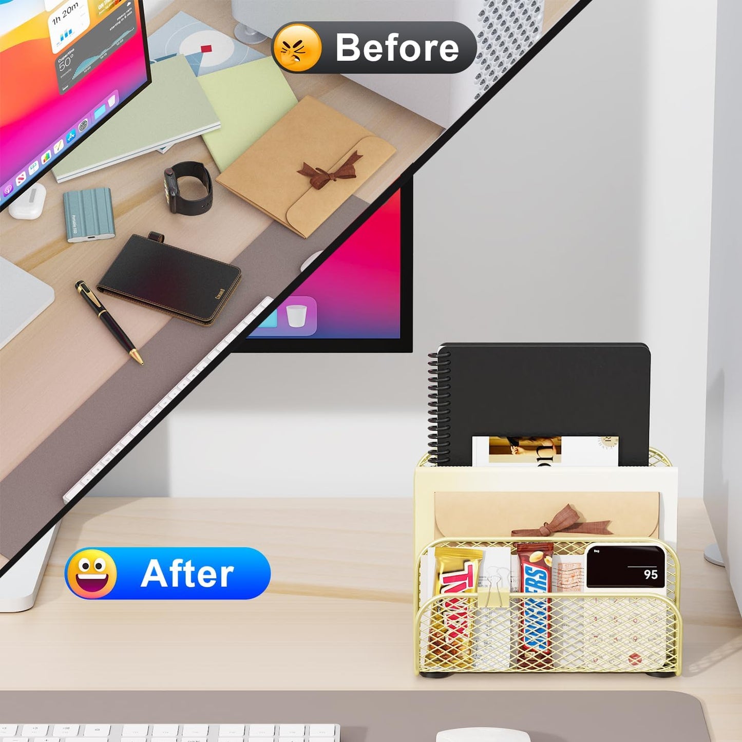 gianotter Mail Organizer Countertop, Metal File Holder with 3-Slot, Gold Desk Accessories for Office (Gold)