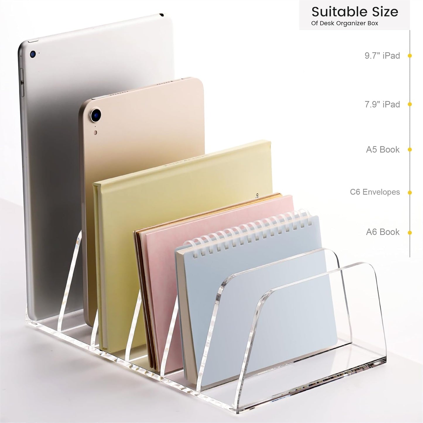 YUXUN Desk File Organizer,6-Section Acrylic Desk Organizer,Vertical File Sorter Holder Organization for Office School & Classroom (Clear - 1Pack)