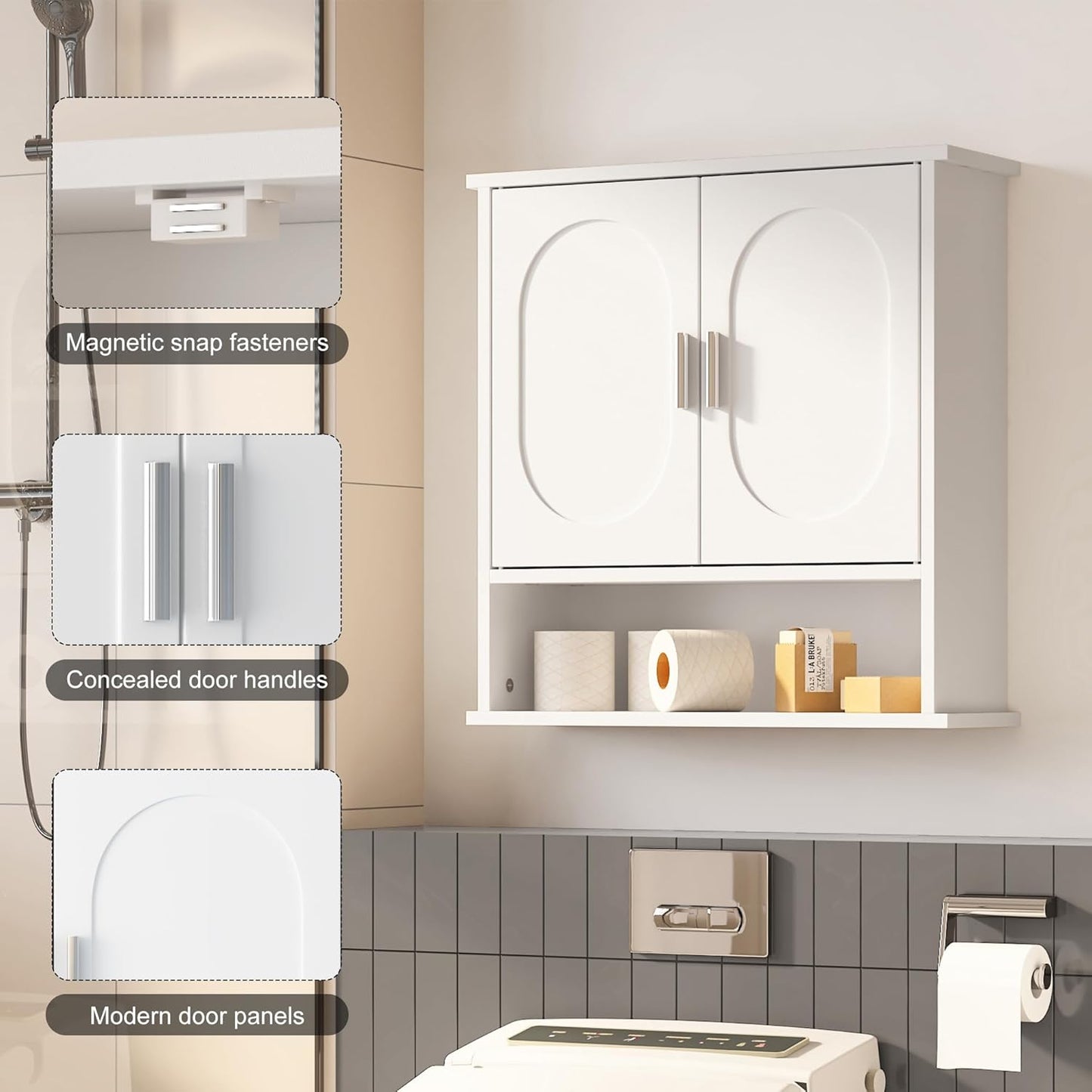 Medicine Cabinet for Bathroom,2 Doors White Bathroom Wall Cabinet with Oval,Over Toilet Storage Cabinet for Laundry Room/Kitchen/Living Room,Surface Mount Medicine Cabinets 23x24