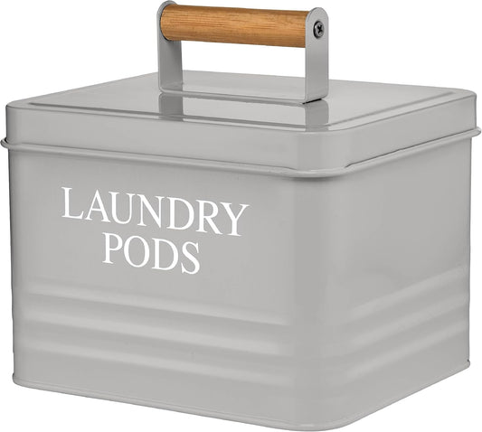 Calindiana Modern Farmhouse Metal Laundry Pods Holder Container with Lid for Laundry Room Decor and Accessories and Space Saving Laundry Room Organization and Storage, Holds 81 Laundry Pods, Grey