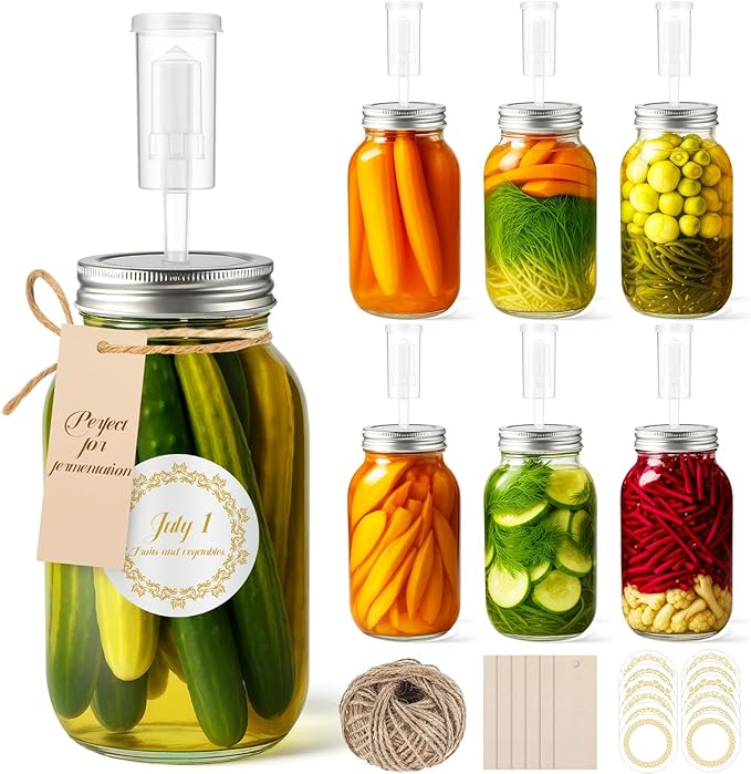 6 Pack 32 oz Fermentation Jar Mason Jars with Lids 0.95 Liter Fermentation Kit with Airlocks Sticker Tags and Ropes for Fermenting, Pickling, Canning, Mead Making