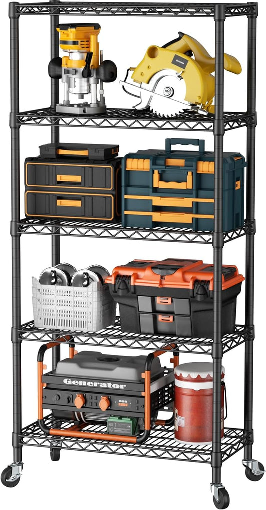 SINGAYE 5 Shelf Adjustable Heavy Duty Storage Shelving Unit with Wheels Steel Organizer Wire Rack Shelves Bathroom Organizers and Shelf Wire Closet Metal Pantry Kitchen Garage 14" DX30 WX70 H Black