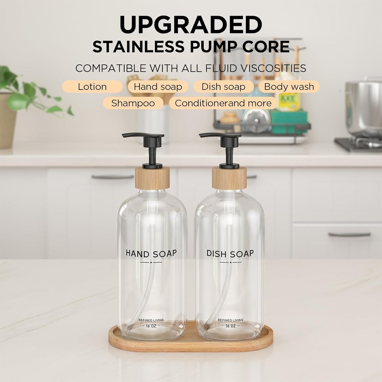Hand and Dish Soap Dispenser Set,16oz Glass Bottles with Printed Labels, Bamboo Tray & Pump,Countertop Soap Dispensers for Kitchen,Luxury, Minimalist & Farmhouse Decor (Hand Dish (Transparent))
