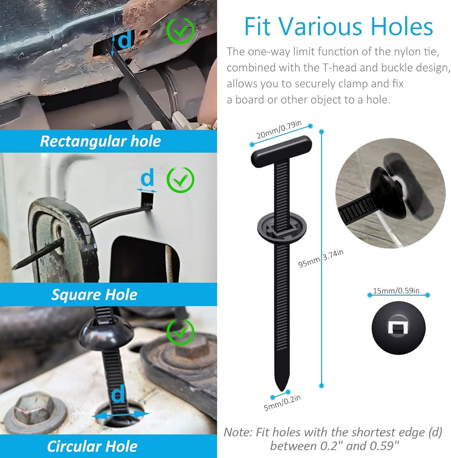 200PCS Nylon Universal Cable Tie Buckles, Multi-functional T Rivet Zip Ties - Automotive Zipper Clips with Pin & Button Design for Car Daily Repair, Fender Liner, Bumper Retainer, Door Panel Fastener