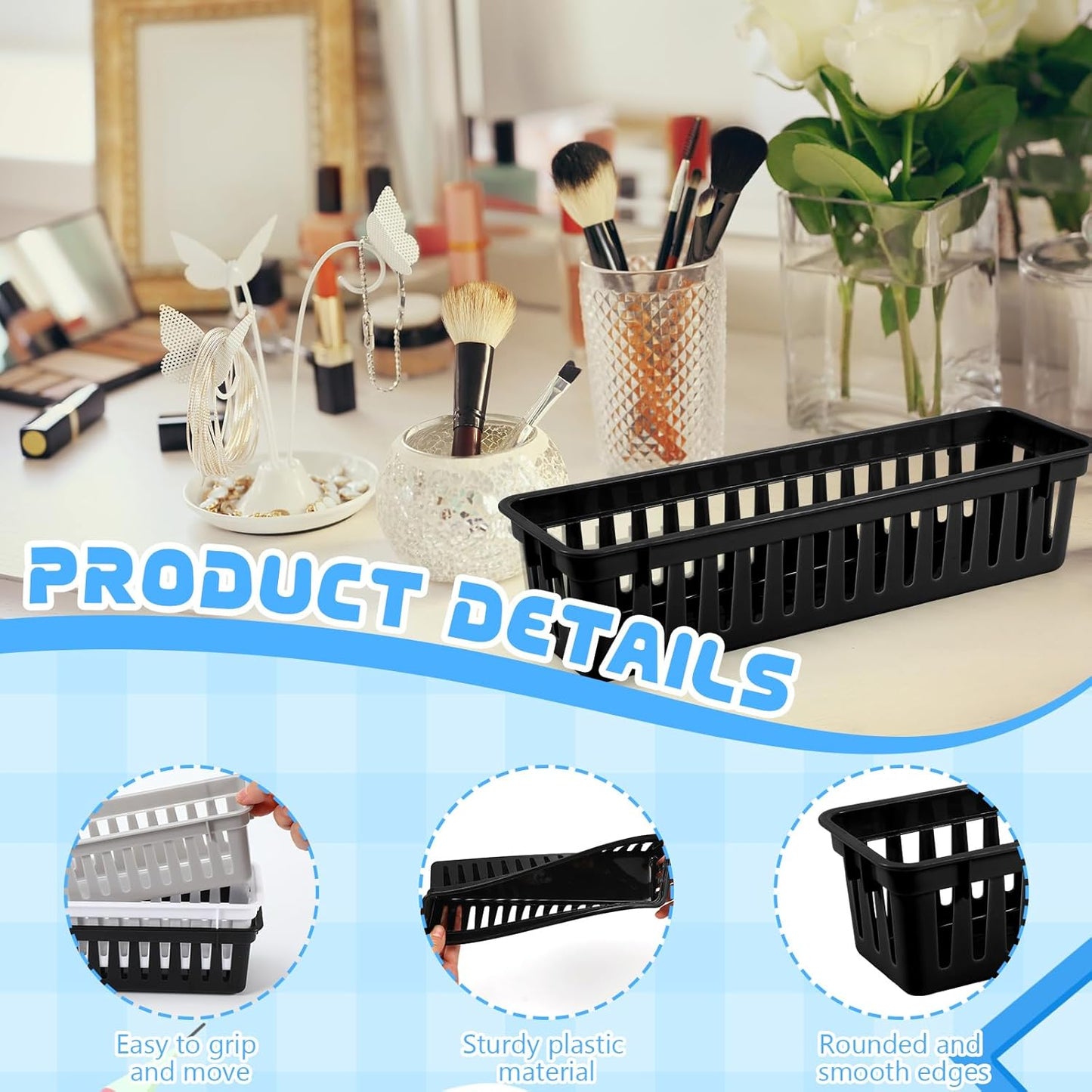 6 Pcs Black Slim Plastic Storage Baskets Tray 10 x 3 x 2.5 Inch Compact Stackable Desk Organizer for Office, Classroom, School Supplies, and Home Storage, Organization(Black)