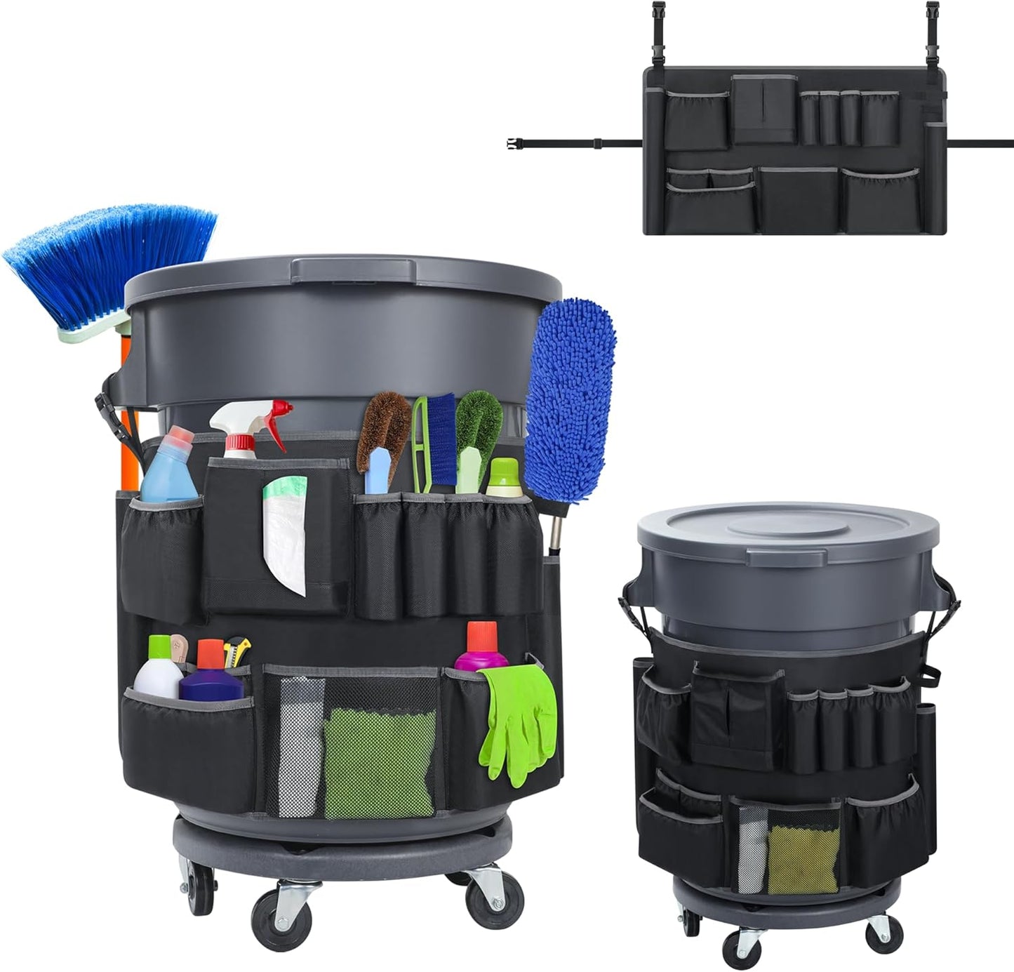 Trash Can Caddy Bags Fit 32-55 Gallon Garbage Bin, Garbage Bin Caddy Bag with 13 Pockets Compatible with Brute & Uline, Commercial Cleaning Supplies Organizer Bag & Janitorial Duties(1PCS)