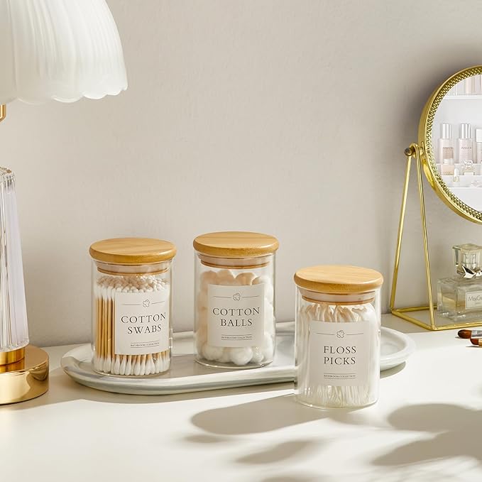 4 Pack Qtip Holder Dispenser - Glass Apothecary Jars with Lids, Cotton Ball Pad Swab Round Holder, Bamboo Bathroom Accessories, Bathroom Organizers Containers Jars Canisters with Lids