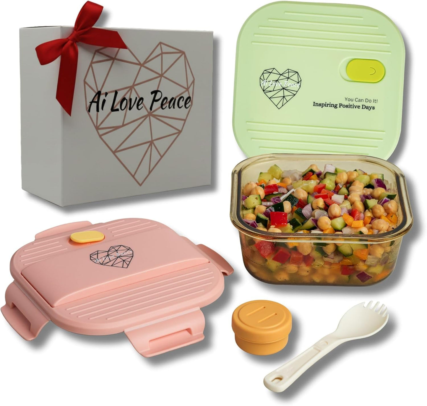 Ai Love Peace Soup Container with Dual Lids,26 oz Borosilicate Glass Lunch Box | Leakproof Lid+ Microwave &Safe Freezer Lid, Stackable,Glass Meal Prep Food Storage,Perfect for Work & Soup Lovers Gift.