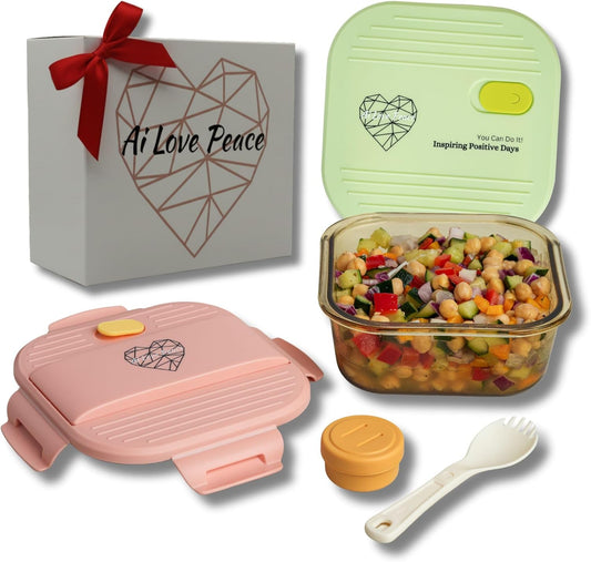 Ai Love Peace Soup Container with Dual Lids,26 oz Borosilicate Glass Lunch Box | Leakproof Lid+ Microwave &Safe Freezer Lid, Stackable,Glass Meal Prep Food Storage,Perfect for Work & Soup Lovers Gift.