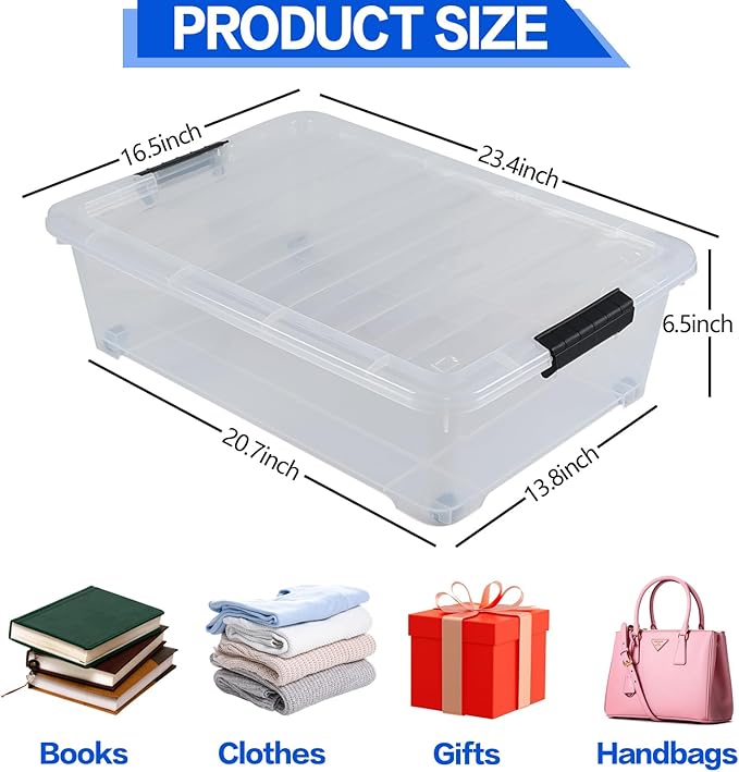 Hespama 25 Quart Clear Plastic Underbed Storage Bin with Wheels, 3 Pack