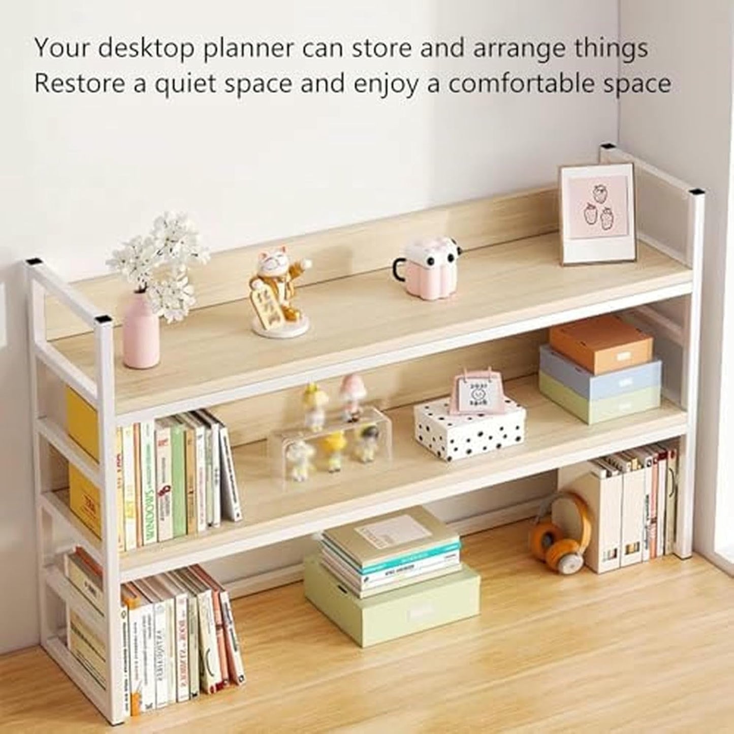 Desktop Bookshelf Organizer, Multipurpose Desk Hutch Dorm, Home Office Rack Wood Metal Bookcase, Open Desktop Storage Shelf for Dorm, Office, Home