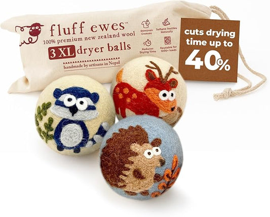 Hustle & Blush Fluff Ewes Wool Dryer Balls 3 Pack - XL Hedgehog and Homies Premium New Zealand Laundry Set, Reduces Drying Time, Static Control, Chemical Free, Ideal Holiday Gifts for Women & Men