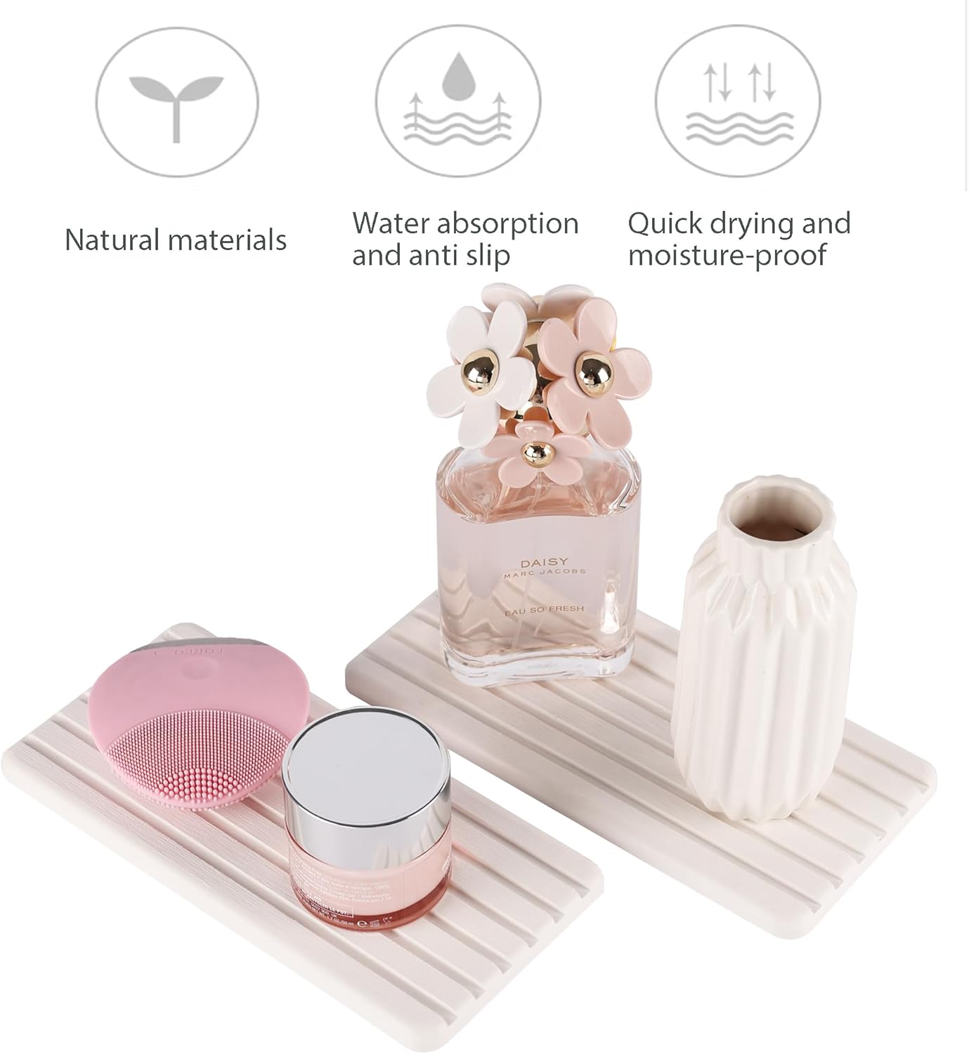 2 PCS Water Absorbent Diatomite Coasters Rectangle, Grooved Design, Water Absorbing Stone Used for Hand Soaps & Plants & toiletries in The Modern Home