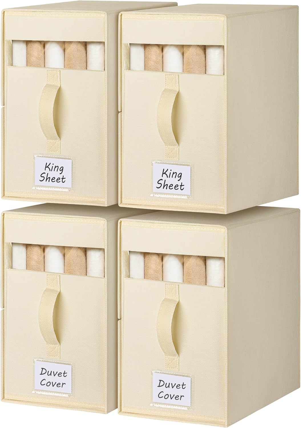 4 Pack Large Bed Sheet Organizers and Storage, (King & Queen Size) Sheet Organizer for Linen Closet, Foldable Bedding Storage Box with Window for Bedsheets, Blanket, Duvet Cover and Pillowcase