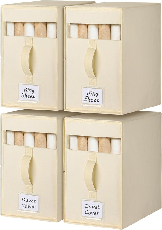 4 Pack Large Bed Sheet Organizers and Storage, (King & Queen Size) Sheet Organizer for Linen Closet, Foldable Bedding Storage Box with Window for Bedsheets, Blanket, Duvet Cover and Pillowcase