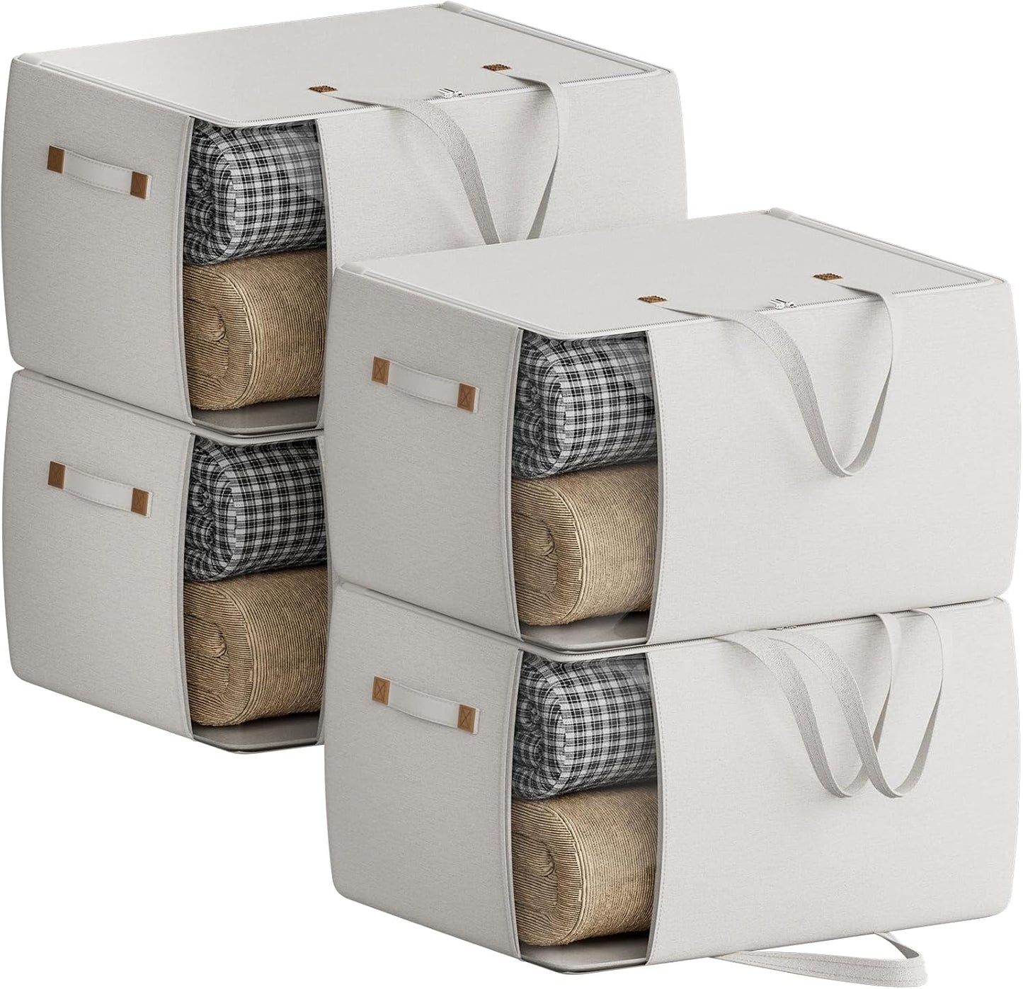 Heavy Duty Cotton Canvas Storage Bags For Comforter Blankets Clothes Extra Large Foldable Organizer with Clear Window & Reinforced Handles, Dustproof Design (White, 80L-4Pack)