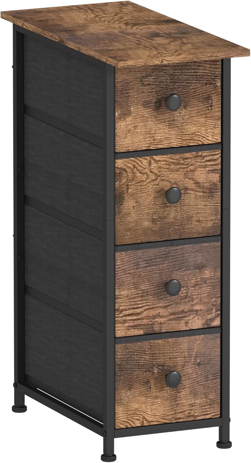 GiftGo Narrow Dresser Vertical Slim Dresser Chest of Drawers Skinny Storage Tower for Small Spaces Gaps Closet Bedroom Bathroom Small Fabric Drawer Unit (Rustic Brown, 4 Drawers)