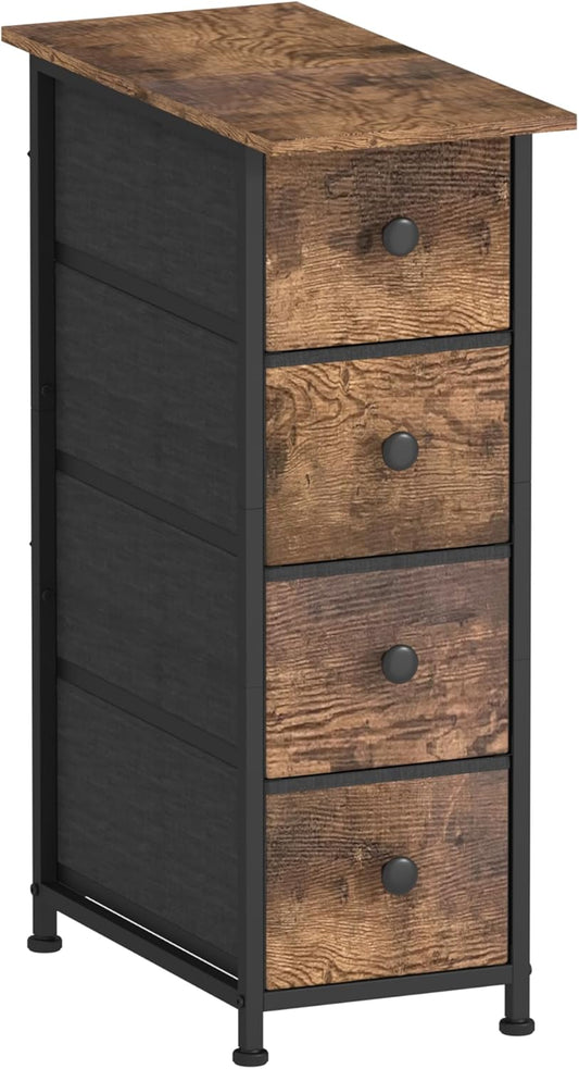 GiftGo Narrow Dresser Vertical Slim Dresser Chest of Drawers Skinny Storage Tower for Small Spaces Gaps Closet Bedroom Bathroom Small Fabric Drawer Unit (Rustic Brown, 4 Drawers)