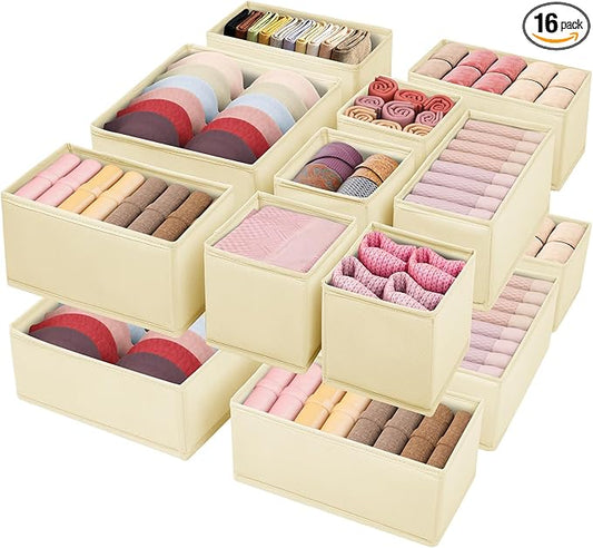 Drawer Clothing Organizer 16-Pack, Beige 3-Size Underwear Drawer Dividers, Fabric Folding Wardrobe Organizer for Baby Clothes, Bras, Underwear, Panties, Belts, Socks, Ties, etc.