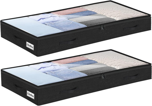 4 Inch Low Profile Under Bed Storage Drawer 2 Pack, Lightweight Underbed Clothes Storage Container Bins with NO STURCTURE, Shallow Storage Bag for Dorm & Home, With Clear Lids and Waterproof Fabric