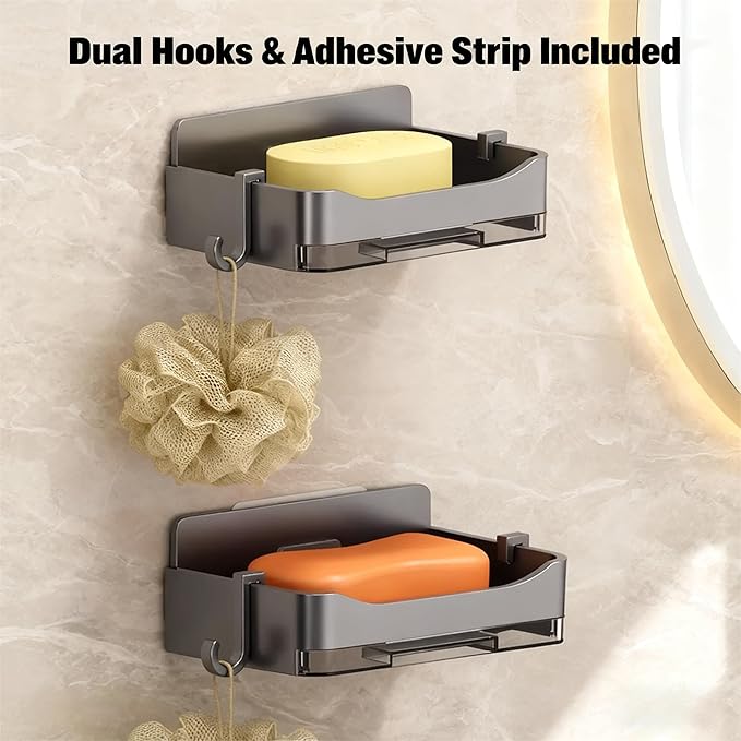 Bar Soap Dish,Self Draining Soap Holder for Shower,Wall Mounted Soap Saver with Strong Adhesive, No Drilling Clear Plastic Holder for Bathroom Storage & Kitchen Sink Organizer,Keeps Soap Dry