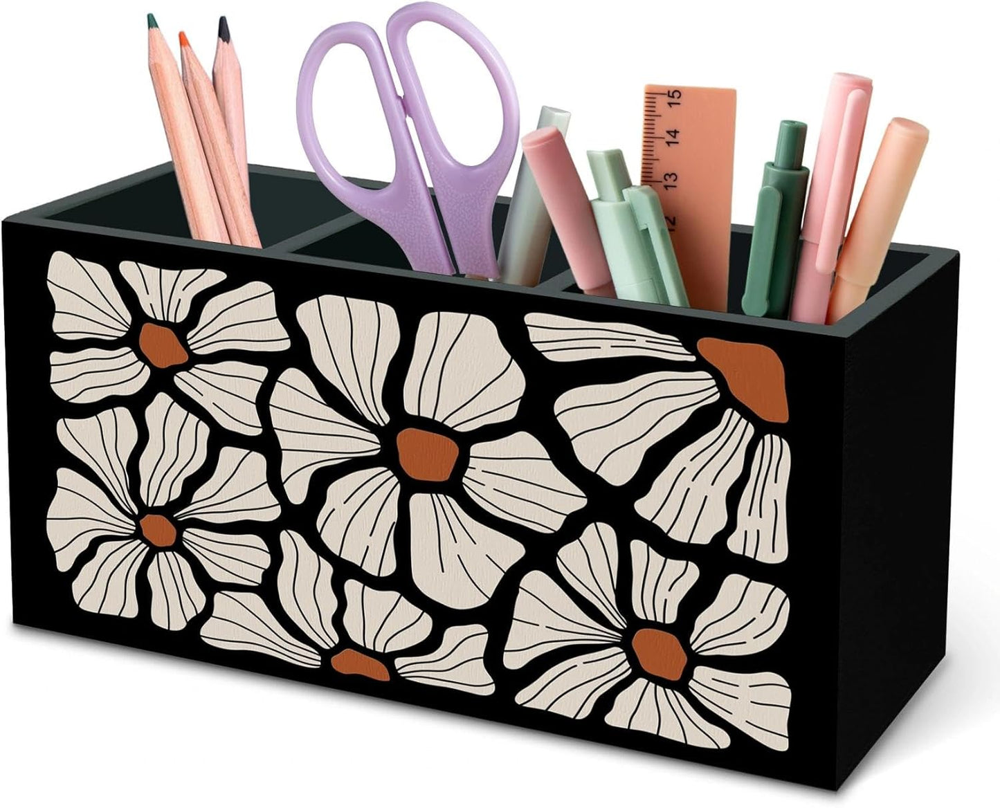 DILSJ Boho Abstract Floral Pen Pencil Holder Organizer for Desk, Boho Office Decor, Black and Beige Abstract Flower Wooden Box Signs for Home Office Desk Tabletop Decoration
