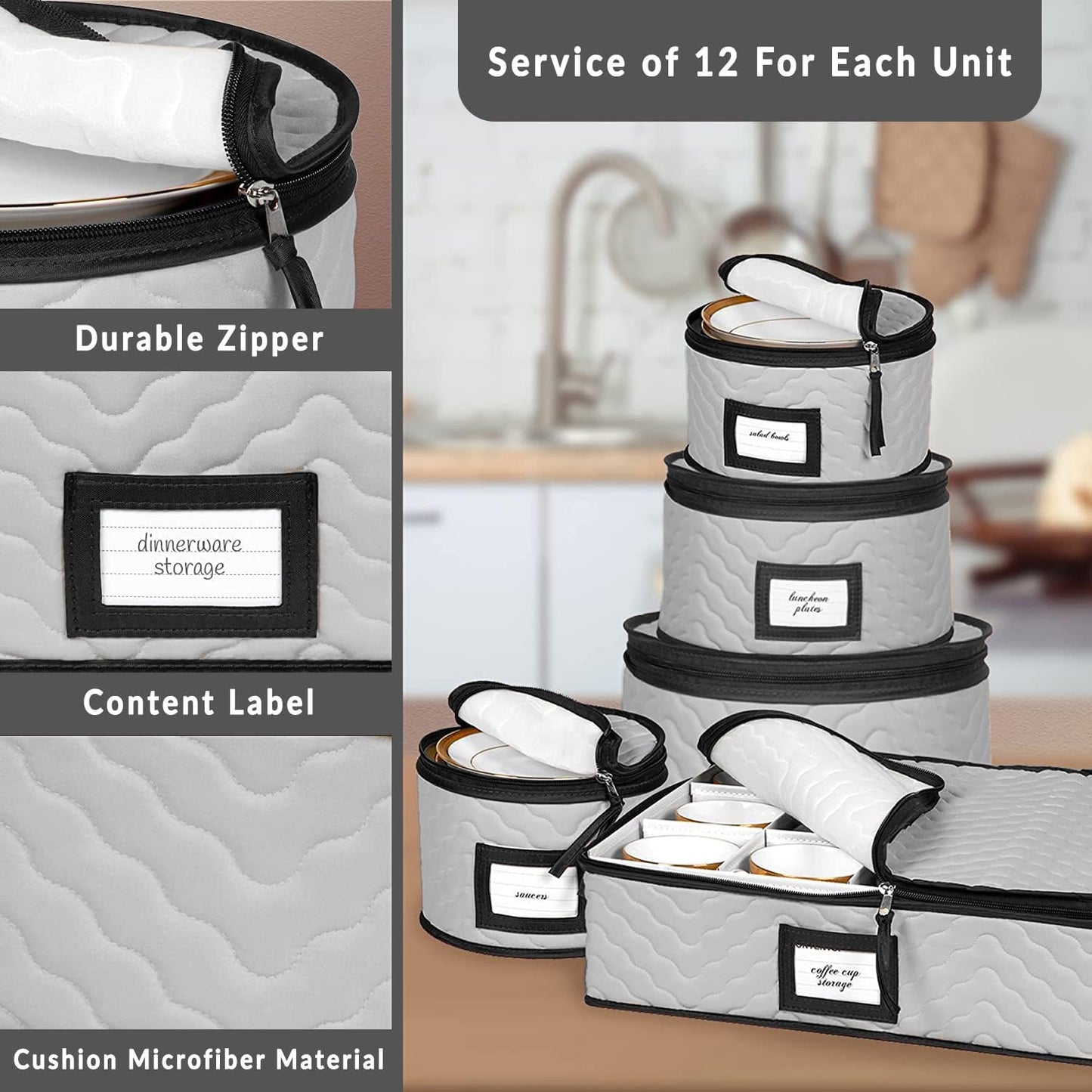 China Storage Containers 5-Piece Set Moving Boxes for Dinnerware, Glasses, Plates, Mugs and Saucers Sturdy Quilted Microfiber Dish Organizer with Dividers for Seasonal Storage - Holds Set of 12, Gray