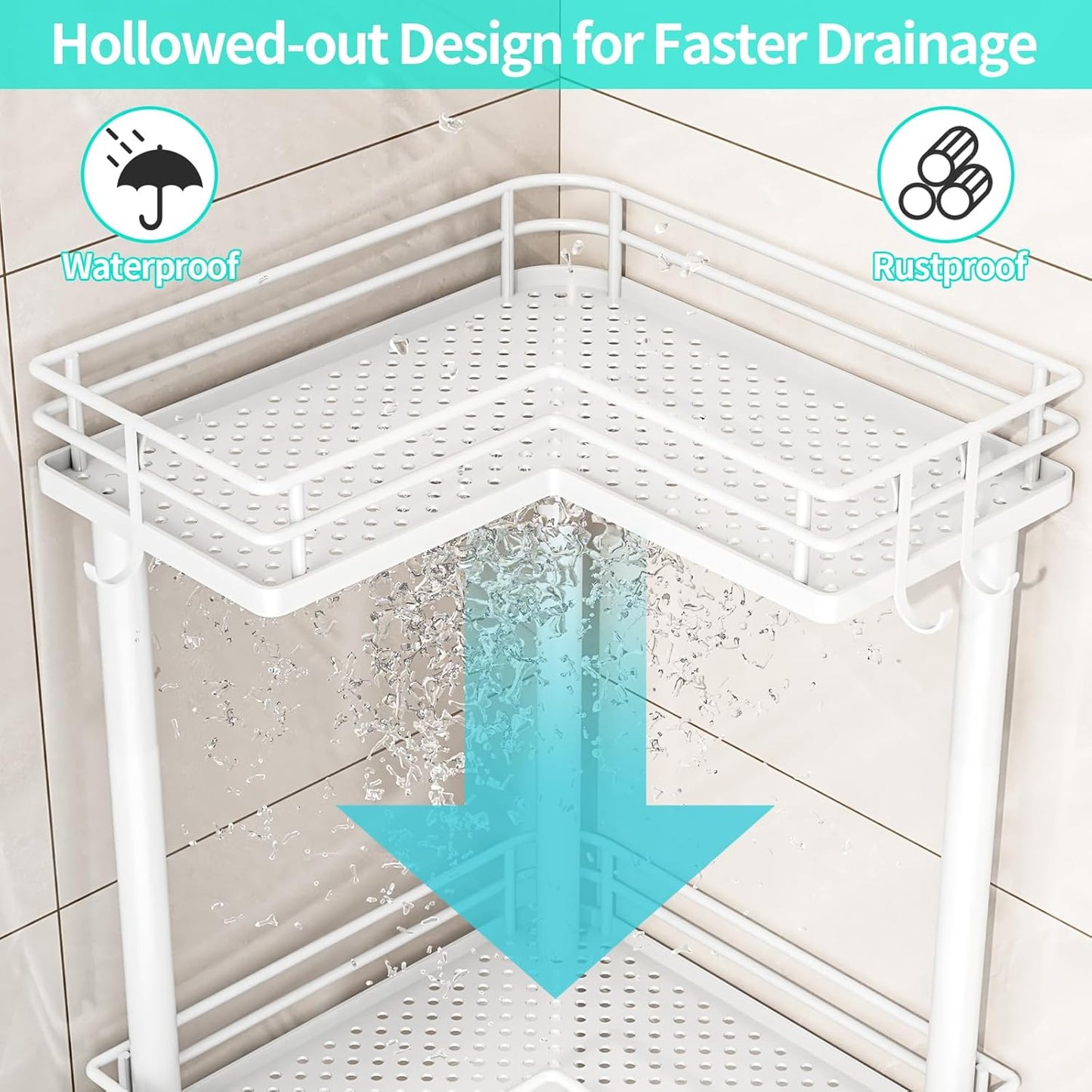 HapiRm Corner Shower Caddy Standing - 2 Tier Shower Organizer Corner with Soap Holder, Rustproof Bathroom Standing Organizer with 2 Hooks, White