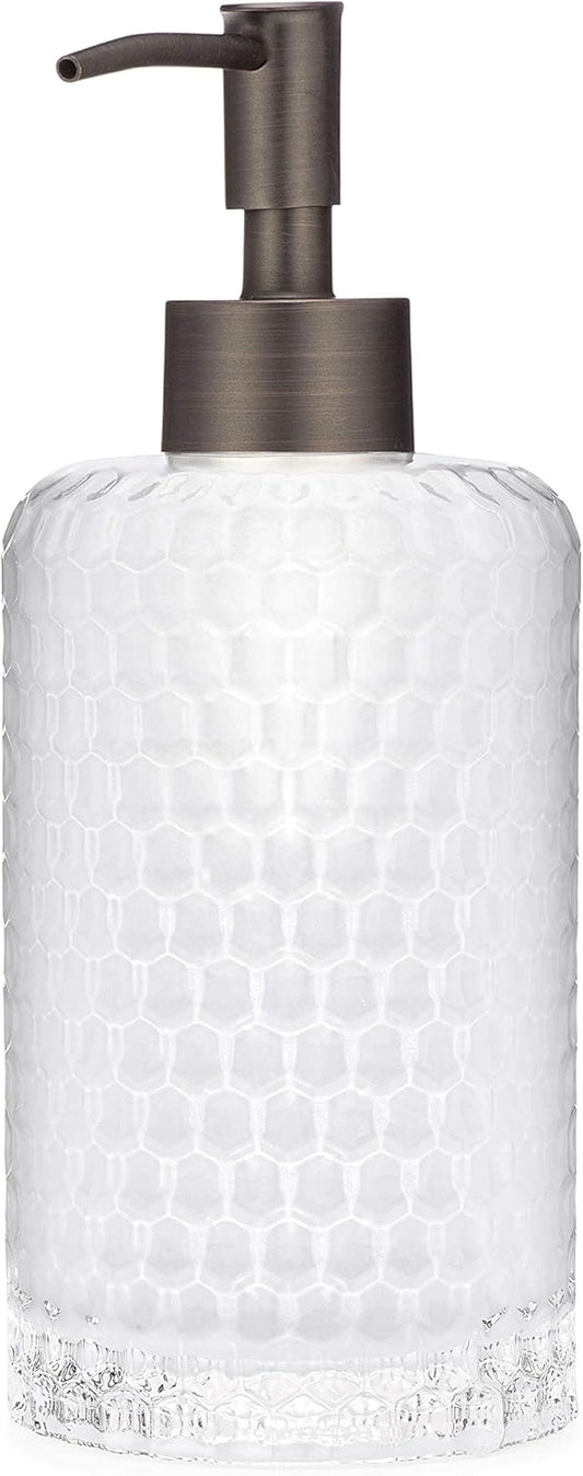 Rail19 Frosted Milk + Honey Glass Soap Dispenser | Vintage-Inspired Modern Refillable Soap & Lotion Pump Bottle for Bathroom Vanity Countertop and Kitchen, 12oz (Bronze Rustic)
