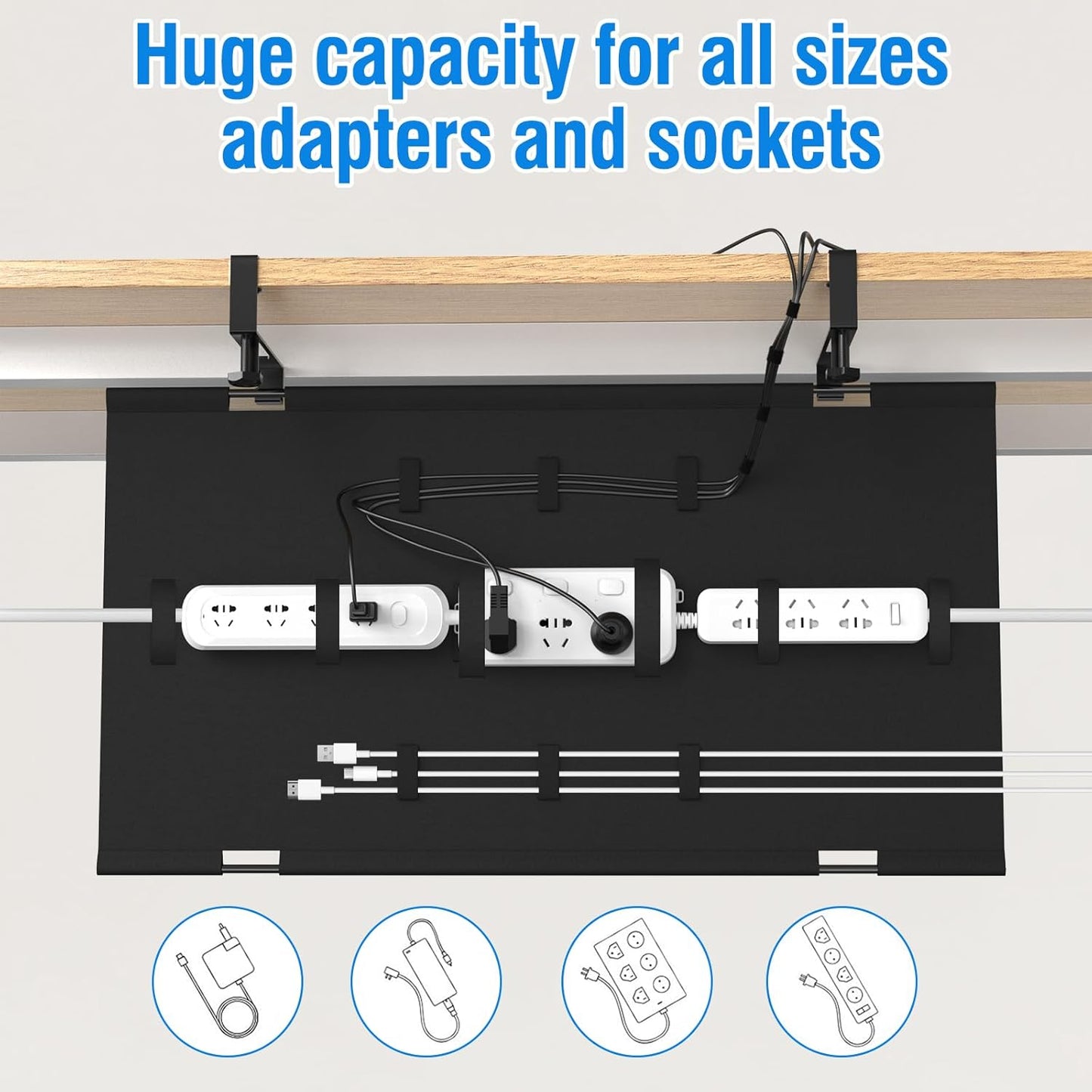 No Drill Under Desk Cable Management Tray, 36" Cord Management Tray with Cable Loop, Upgraded Oxford Fabric Wire Management for Standing Desk - No Damage to Table