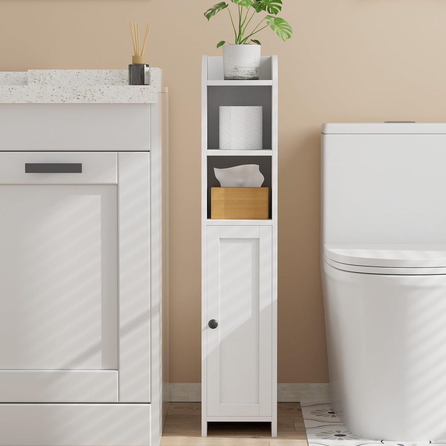 Homhedy Small Bathroom Storage Corner Floor Cabinet with Door and Shelves, Beside The Toilet Paper Stand for Skinny, Narrow Toilet Paper Cabinet, 7.9" D x 7.1" W x 35.4" H, White