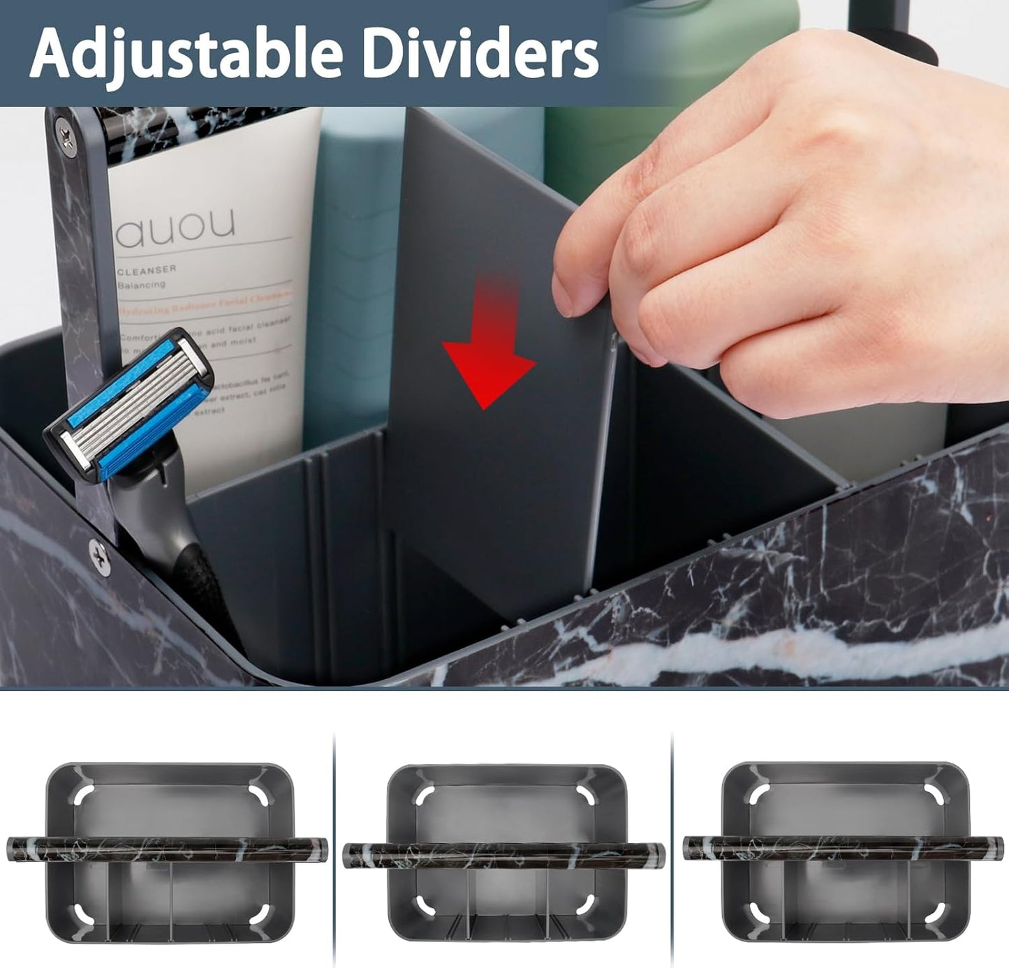 Plastic Shower Caddy Dorm: Portable Bathroom Caddy Organizer for College with Handle and Adjustable Divider, Utility Hard Shower Basket Bath Tote for Toiletry, Shampoo, Soap (Black Marble)