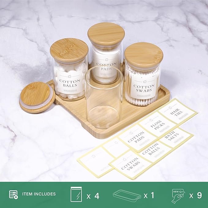 Qtip Holder with Vanity Tray - 4 Pack Glass Apothecary Jars with Lids, Cotton Ball Swab Pad Floss Pick Holder, Bathroom Organizers Jars Containers Canisters Accessories Set
